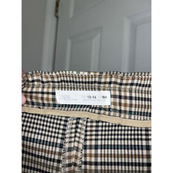 ZARA Shorts Plaid Juniors 13-14 Tan Green Pull On Pockets Pleats - Picture 2 of 5